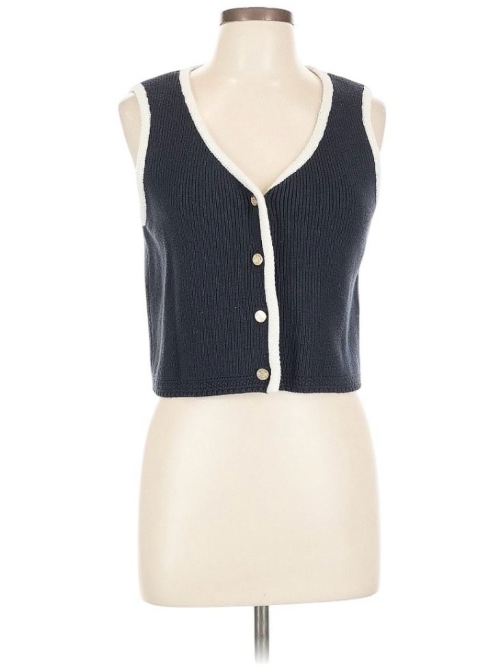 Abercrombie & Fitch Mara Button-Up Sweater Vest - Navy with White Trim